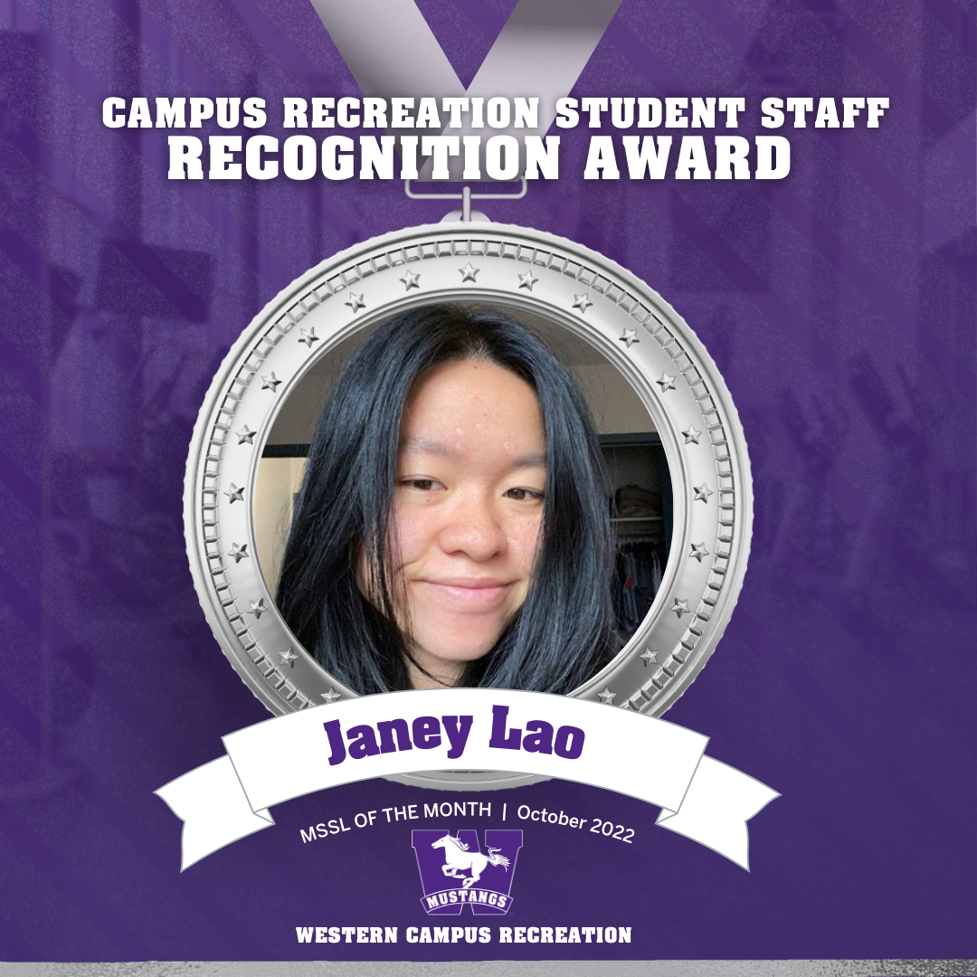 Head shot of Janey Lao inside a silver medal graphic that says Student Staff recognition award